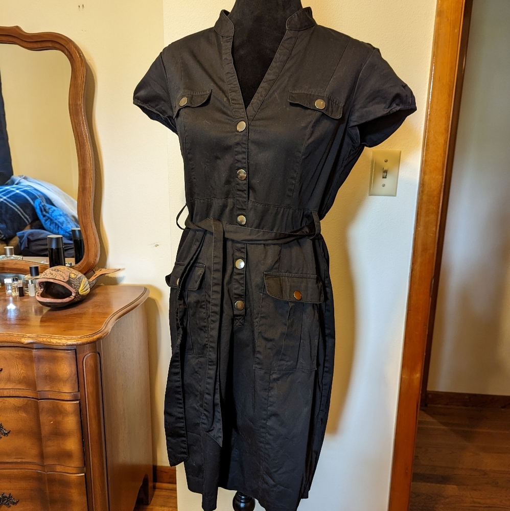 H&M black mandarin cap sleeve military safari dress